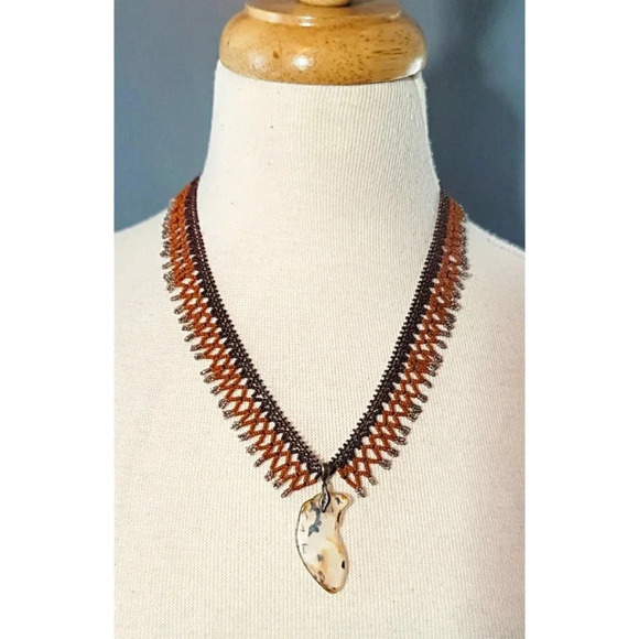 Native American Hand Beaded Necklace With Montana Agate Pendant - Picture 1 of 7